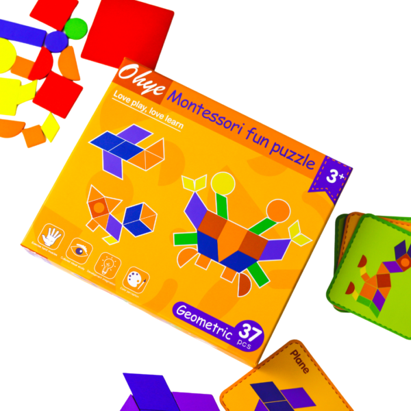 Joc Puzzle de tip TANGRAM cu forme geometrice colorate din lemn și cartonașe cu modele 1